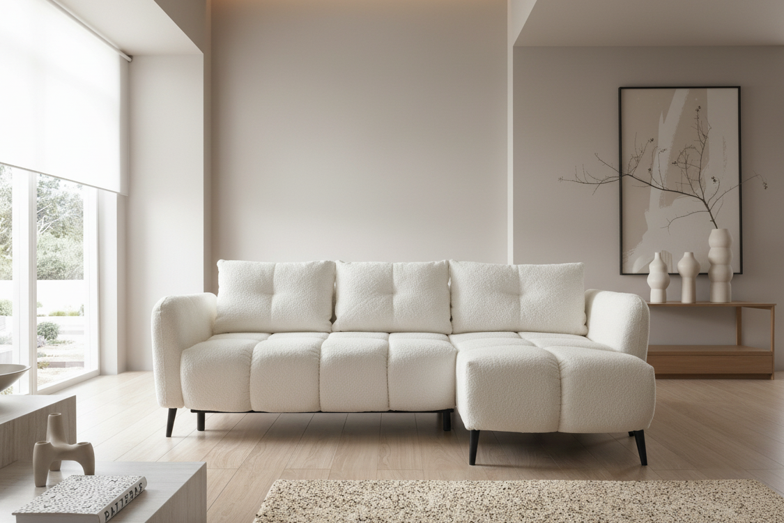 Designer Sofa Apollo mit Schlaffunktion & Bettkasten in Bouclé