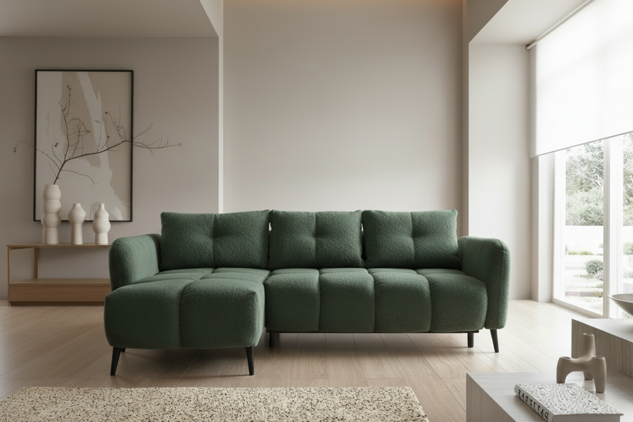 Designer Sofa Apollo mit Schlaffunktion & Bettkasten in Bouclé