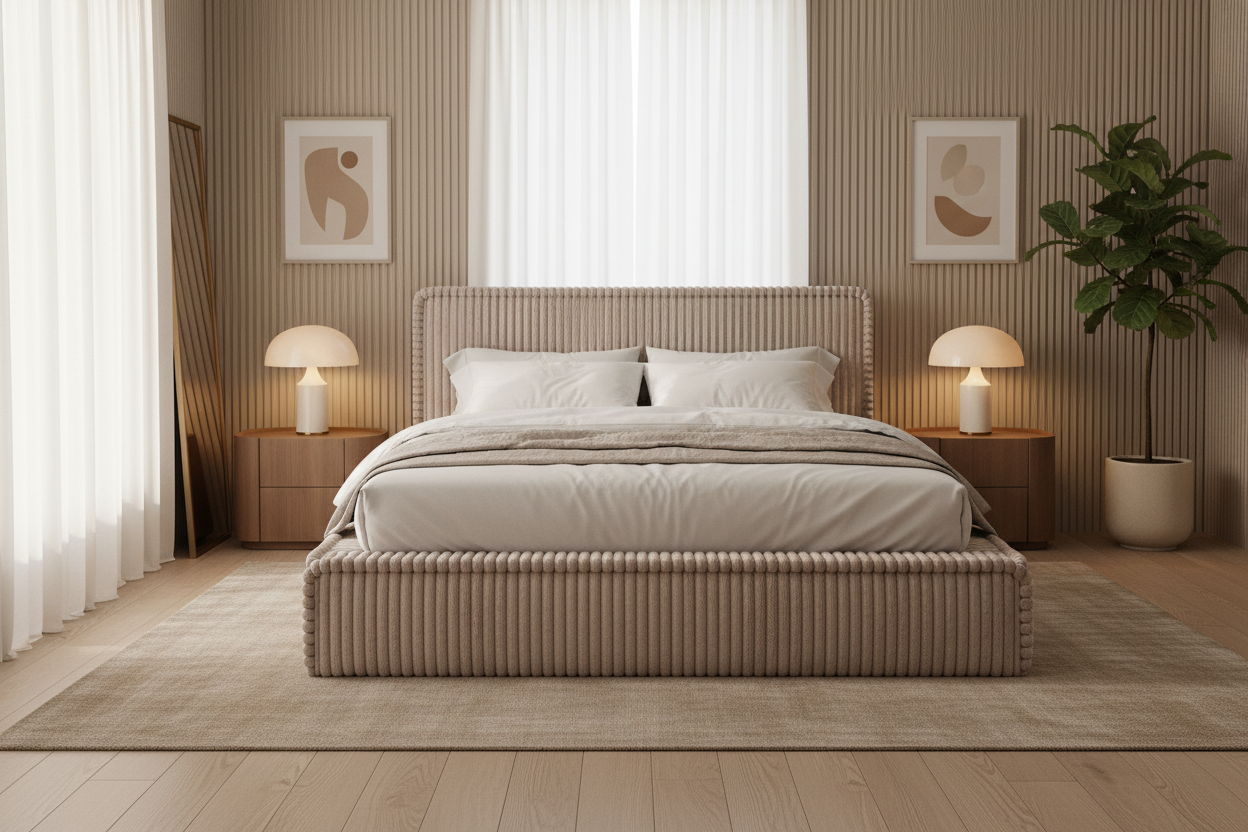 Beige Cord Tilli Bett Premium Frontalansicht