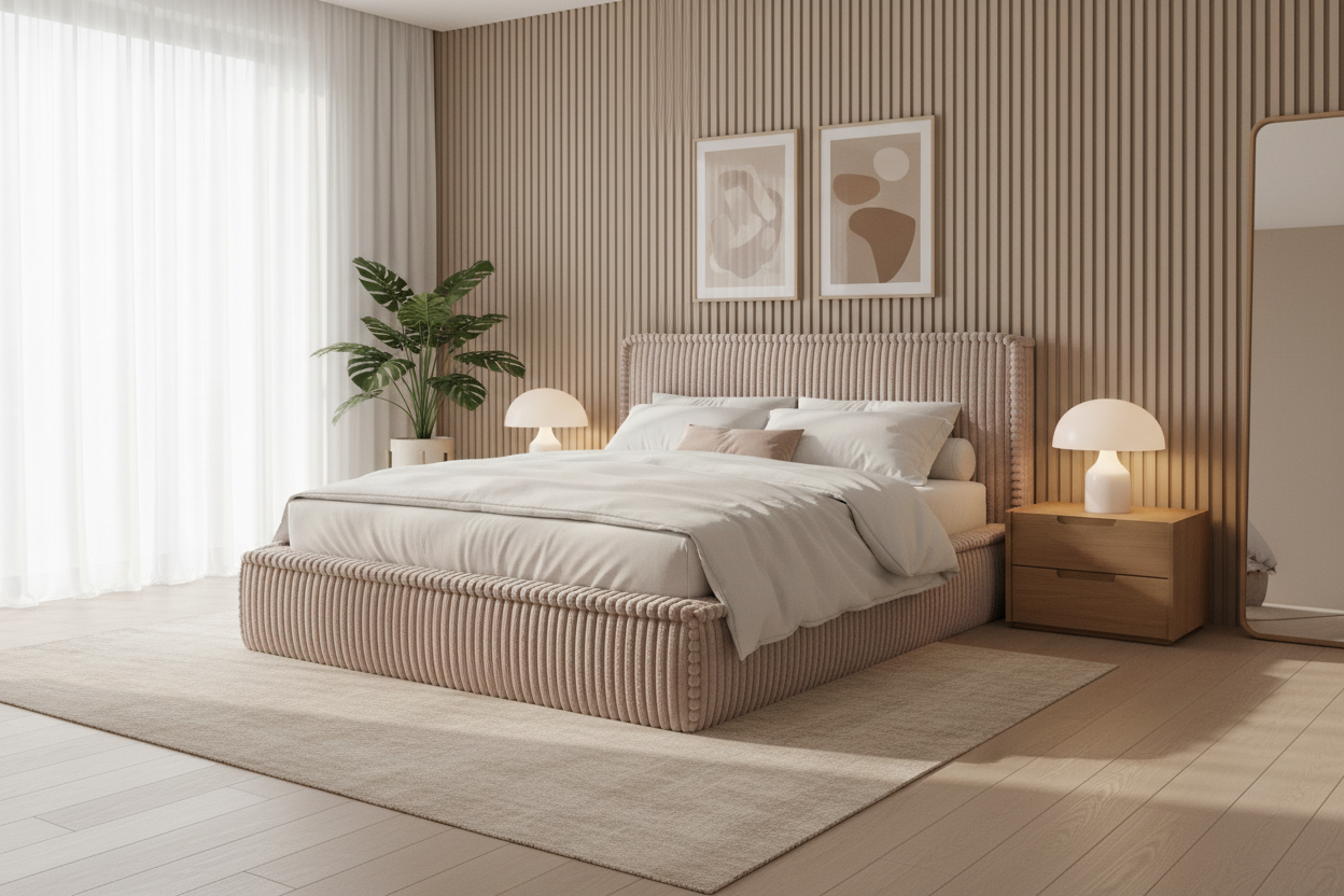 Beiges Cord-Bett Premium Schrägansicht 45°