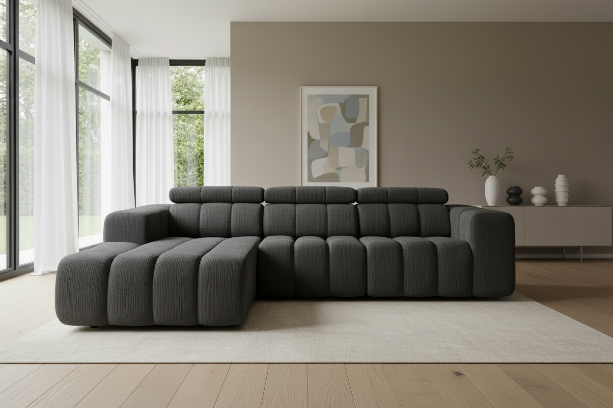 Designer Ecksofa Zürich modular mit Kopfstützen & Chenille