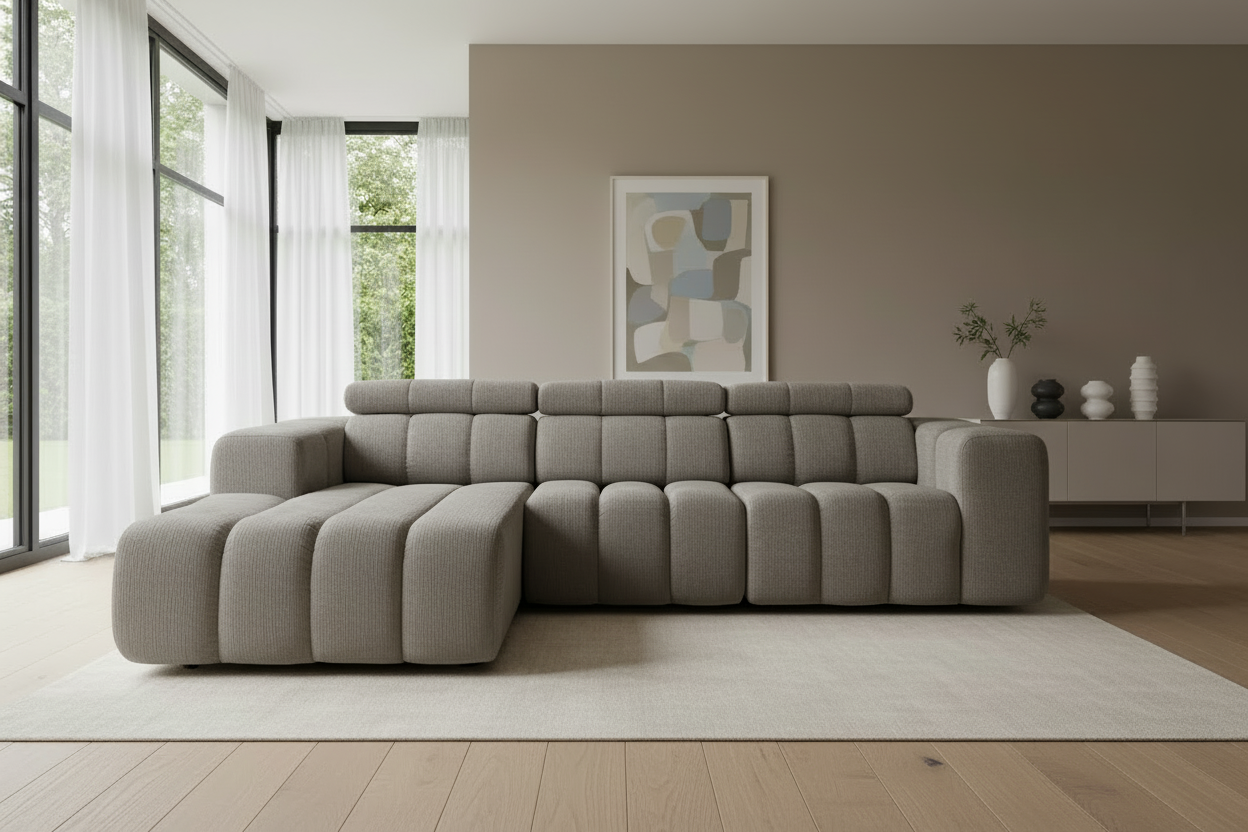 Designer Ecksofa Zürich modular mit Kopfstützen & Chenille