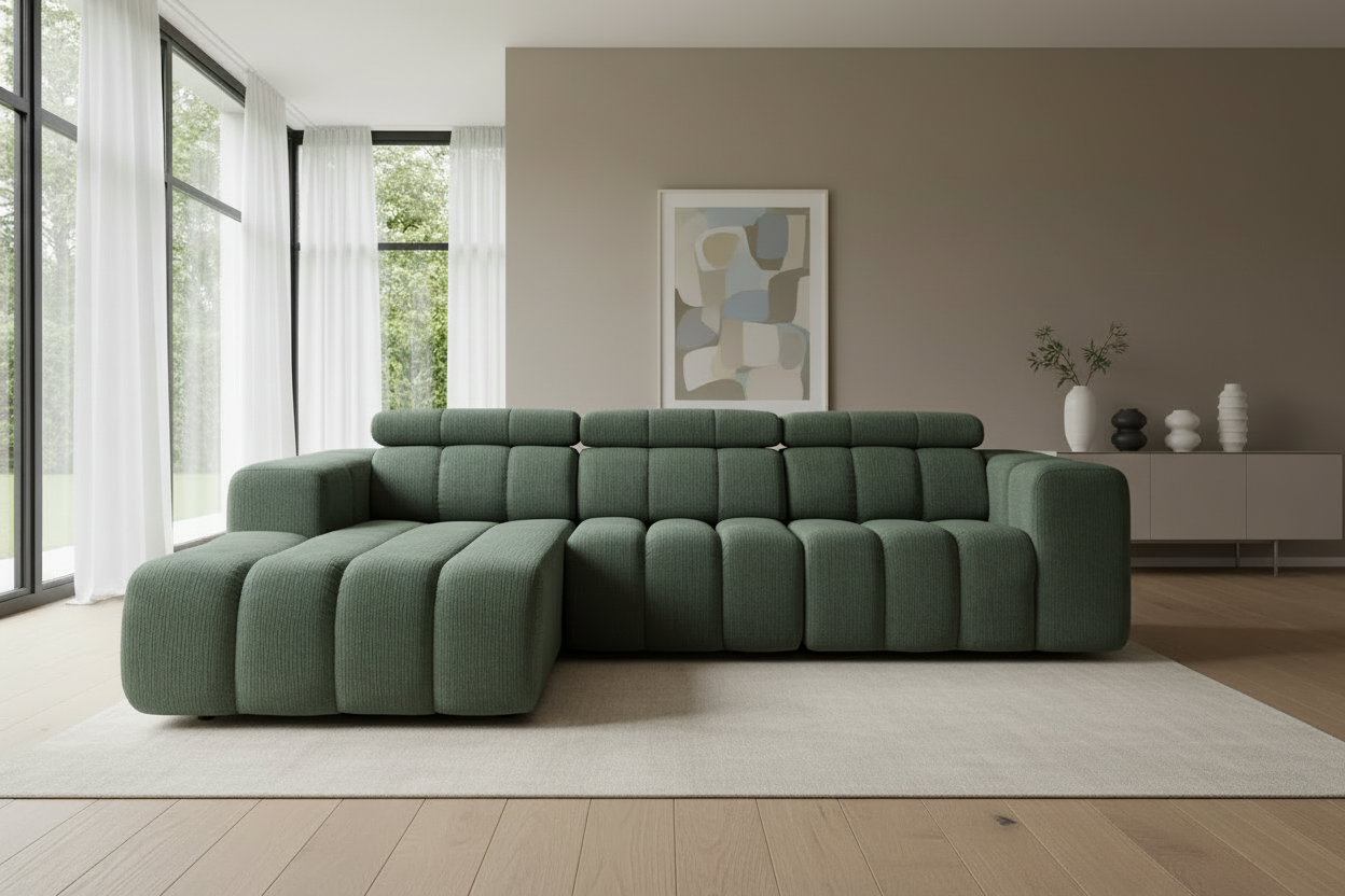 Designer Ecksofa Zürich modular mit Kopfstützen & Chenille