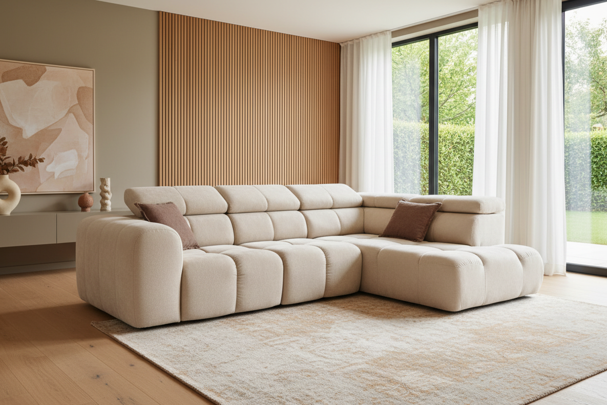 Designer Ecksofa Bloom L mit Kopfstützen Chenille