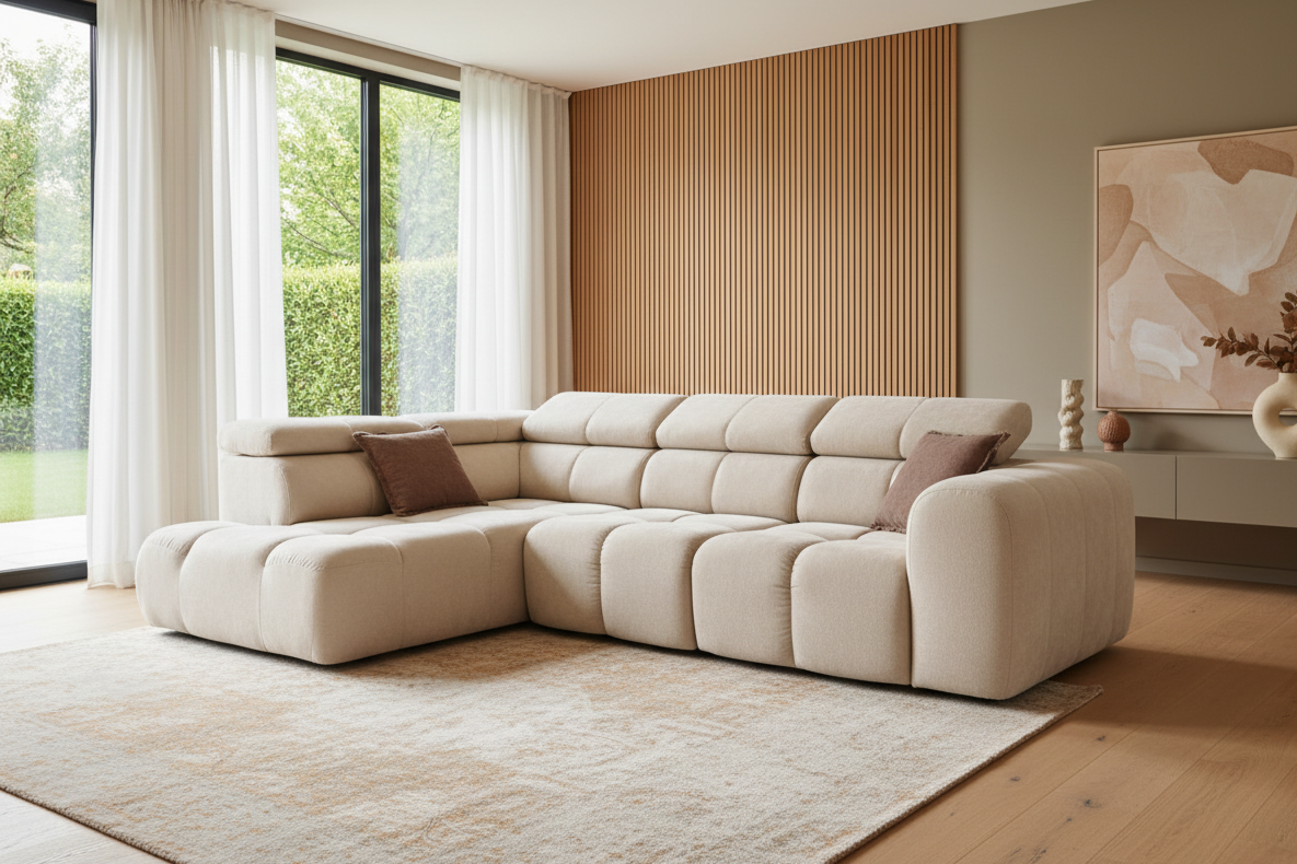 Designer Ecksofa Bloom L mit Kopfstützen Chenille