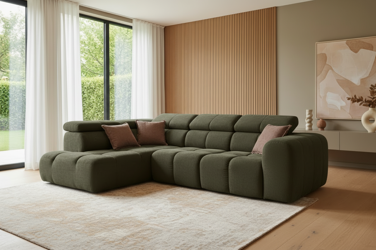 Designer Ecksofa Bloom L mit Kopfstützen Chenille