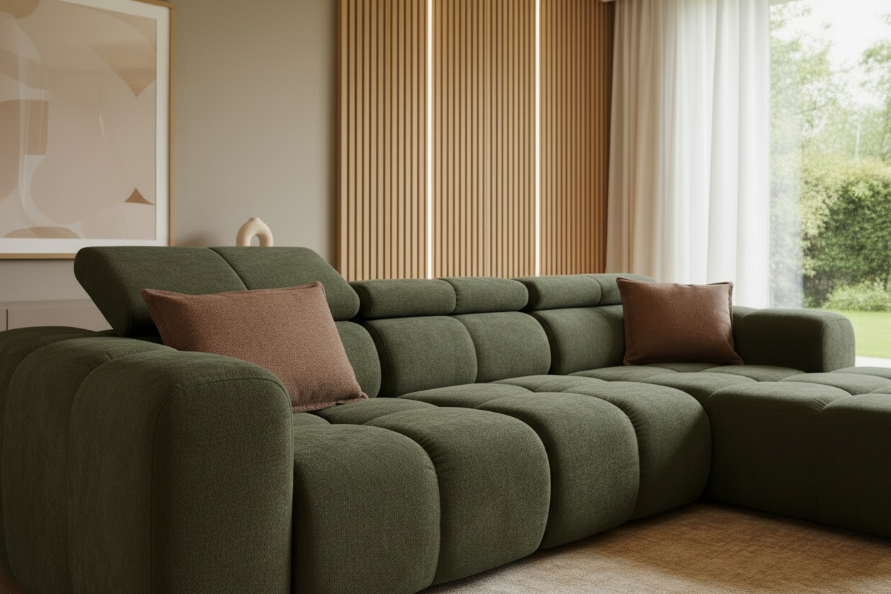 Bloom Ecksofa Olivgrün 45° Ansicht Nah