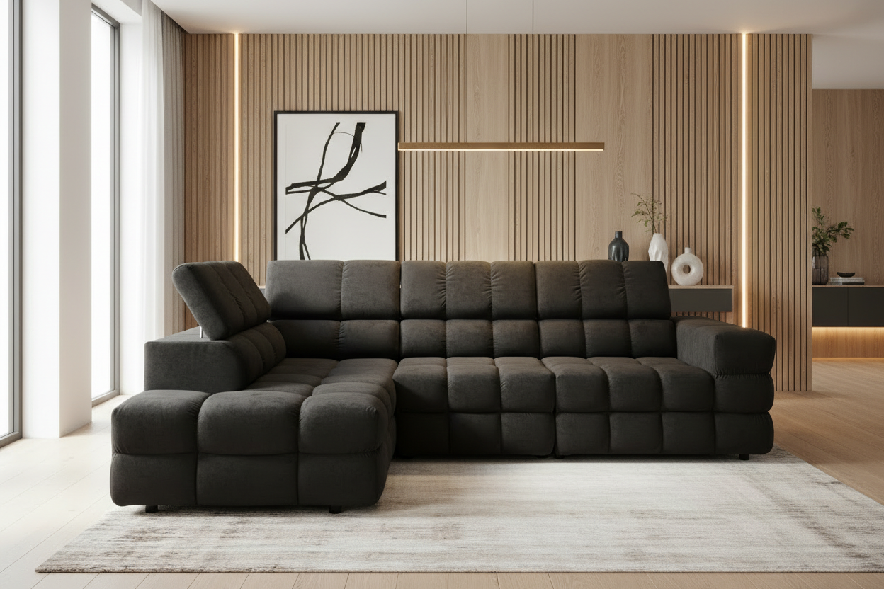 Designer Ecksofa Buffalo mit Schlaffunktion & Bettkasten in Samt