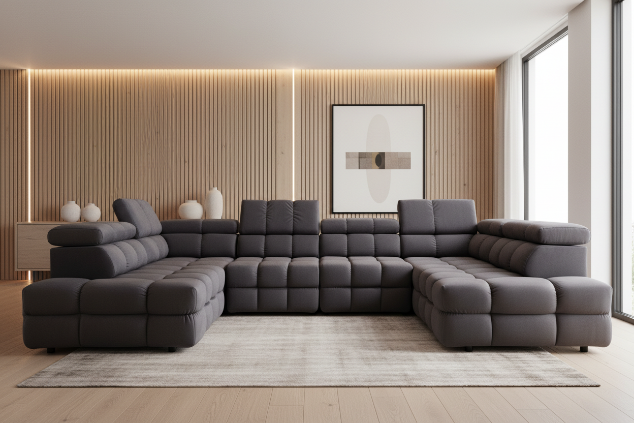 Designer Wohnlandschaft Buffalo mit Schlaffunktion & Stauraum in Samt