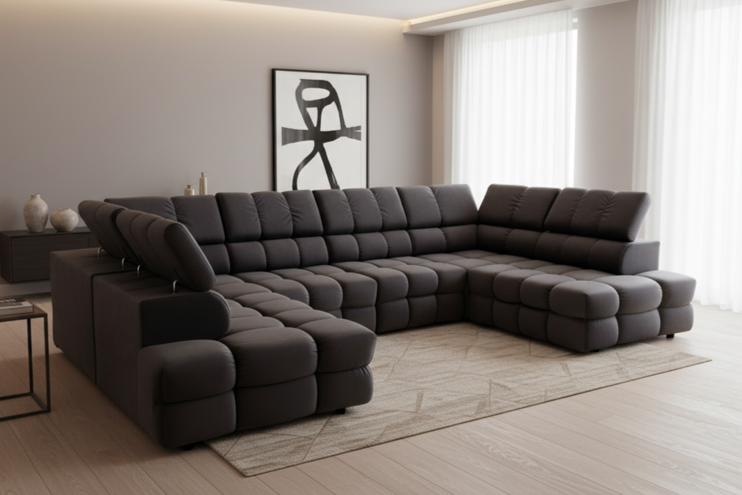 Designer Wohnlandschaft Buffalo mit Schlaffunktion & Stauraum in Samt