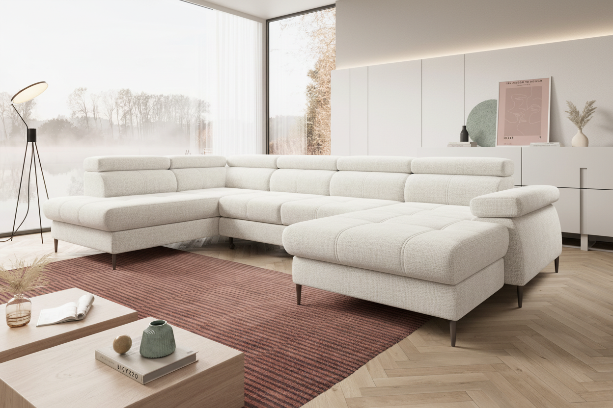 Designer Ecksofa Córdoba III mit Schlaffunktion & Bettkasten in Chenille