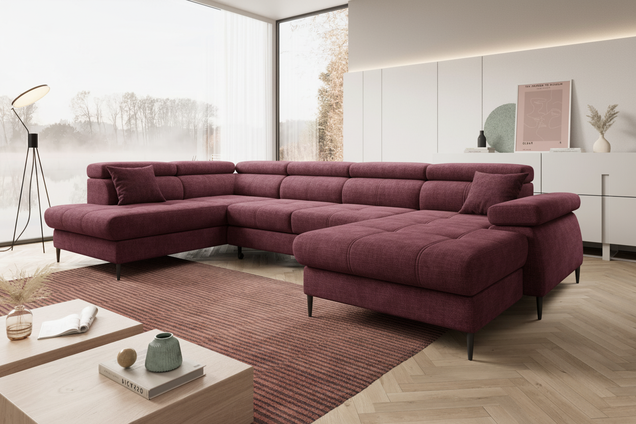 Designer Ecksofa Córdoba III mit Schlaffunktion & Bettkasten in Chenille