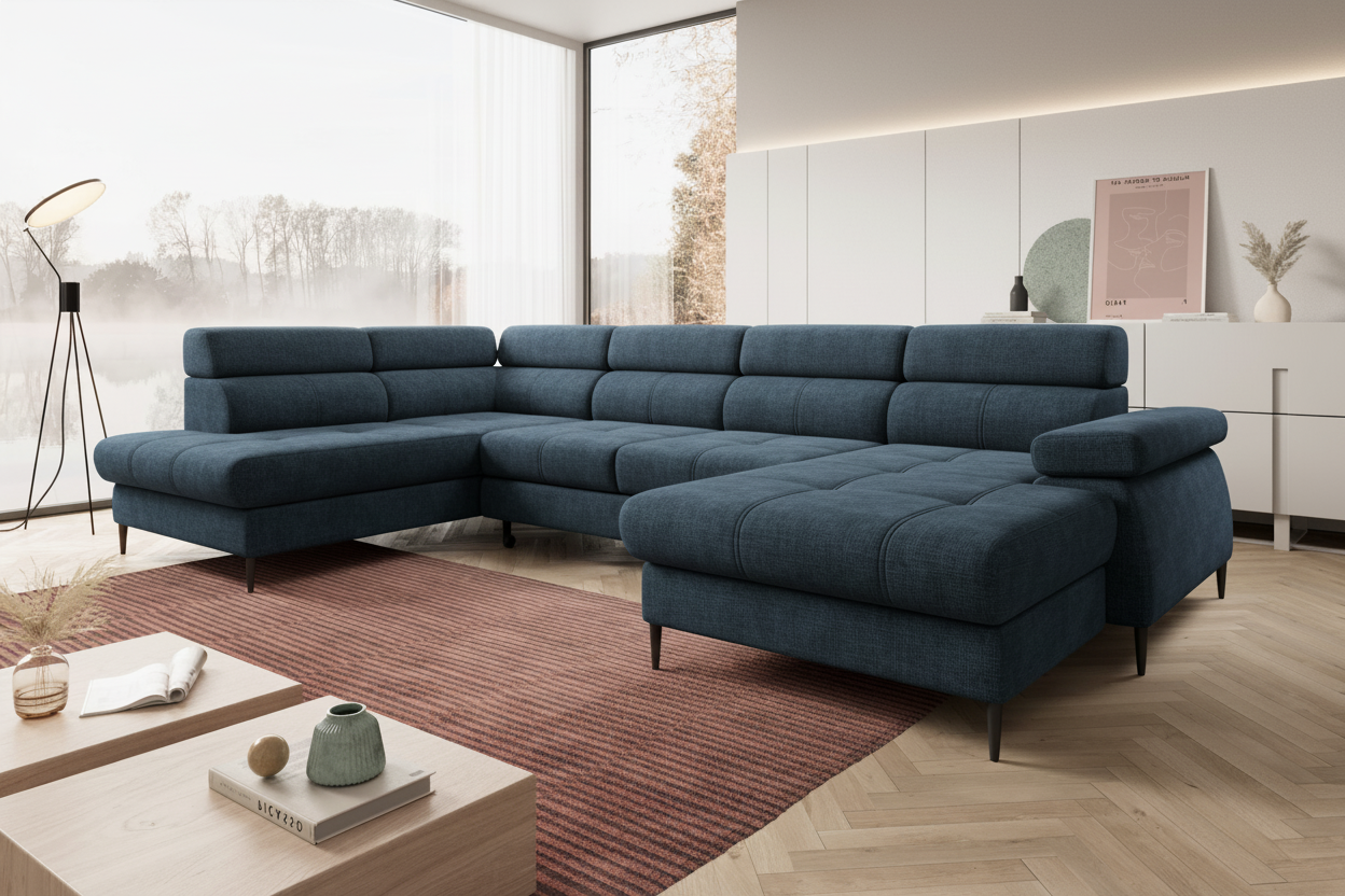 Designer Ecksofa Córdoba III mit Schlaffunktion & Bettkasten in Chenille