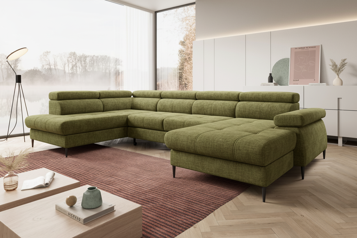 Designer Ecksofa Córdoba III mit Schlaffunktion & Bettkasten in Chenille