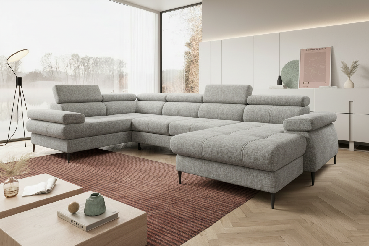 Designer Ecksofa Córdoba III mit Schlaffunktion & Bettkasten in Chenille