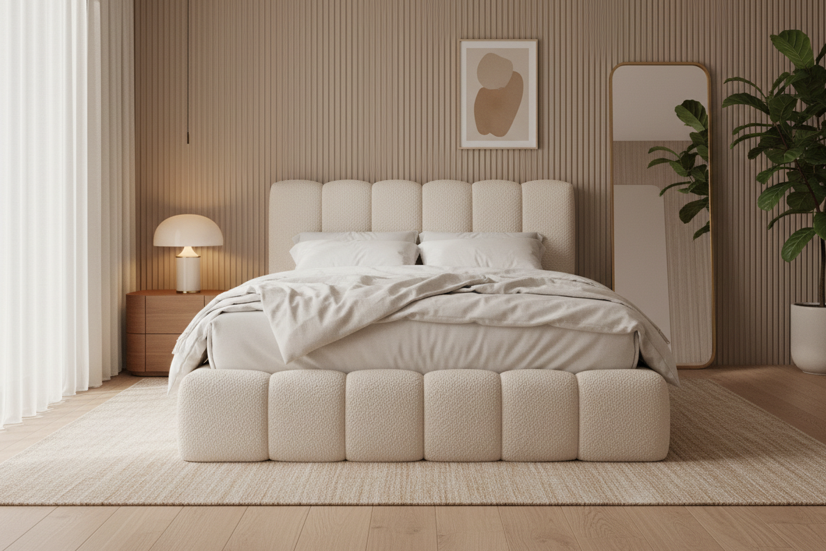 Designer Polsterbett Cloudy Bouclé mit Stauraum