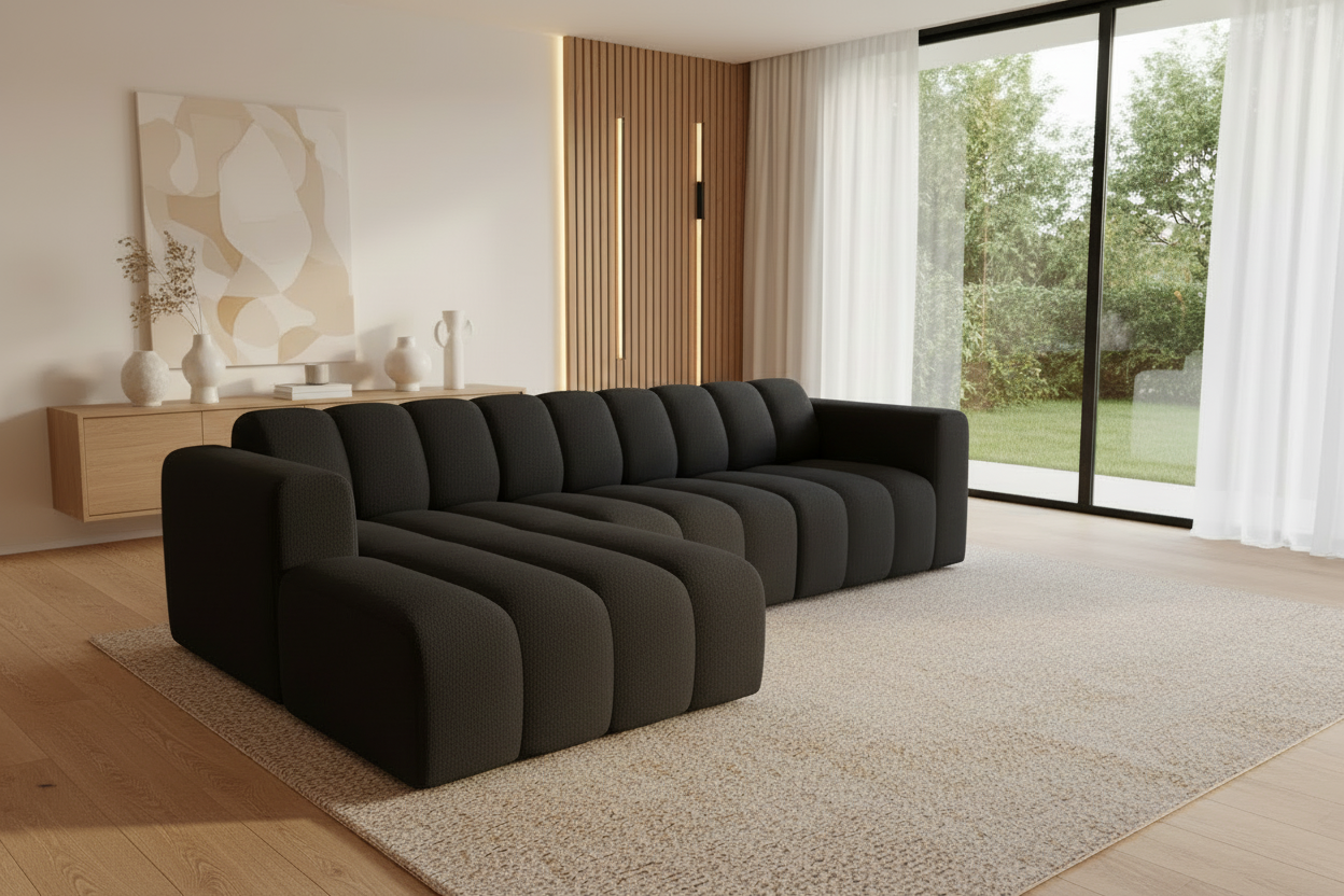 Designer Ecksofa Bummel L in Black Bouclé - Schrägansicht