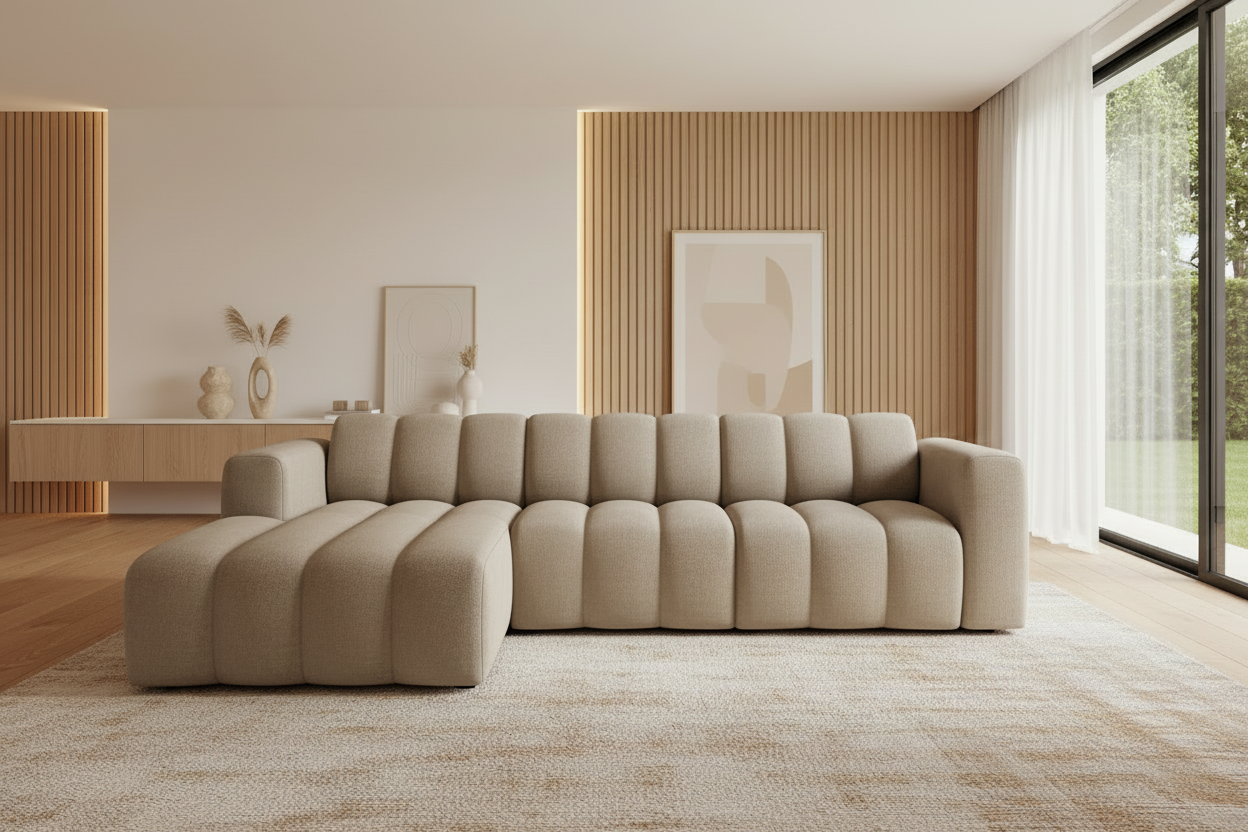 Designer Ecksofa Bummel L in Greige/Taupe Bouclé - Frontalansicht