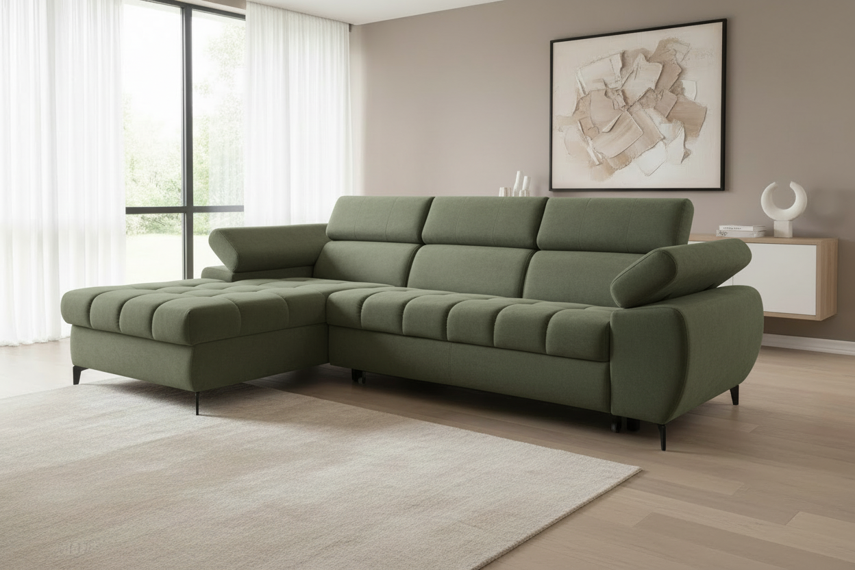 Designer Ecksofa Lugano I Olivgrün - Schrägansicht