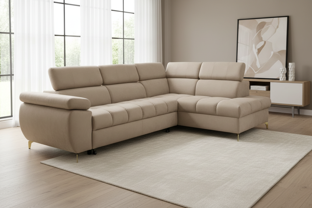 Designer Ecksofa Lugano II Beige - Schrägansicht extrem nah