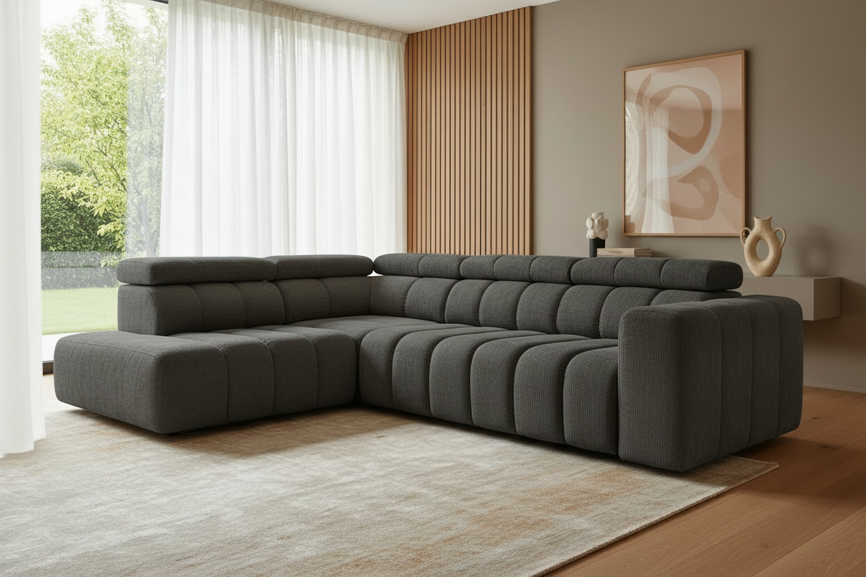 Designer Ecksofa Zürich mit elektrischer Sitzverlängerung in Chenille