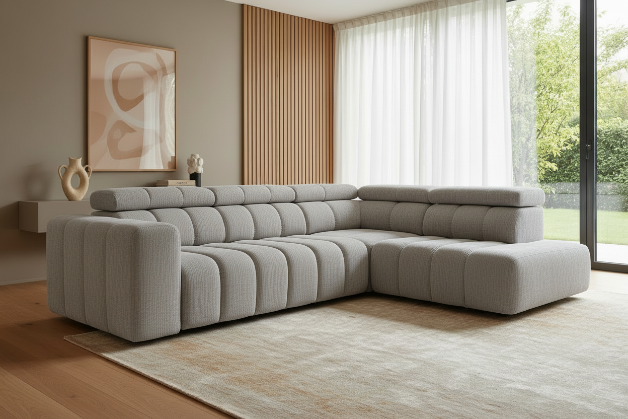 Designer Ecksofa Zürich in Hellgrau Chenille - Schrägansicht