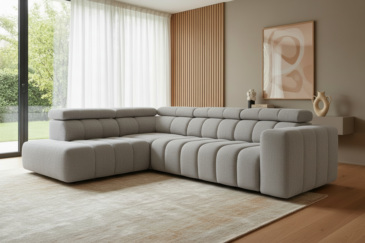 Designer Ecksofa Zürich mit elektrischer Sitzverlängerung in Chenille
