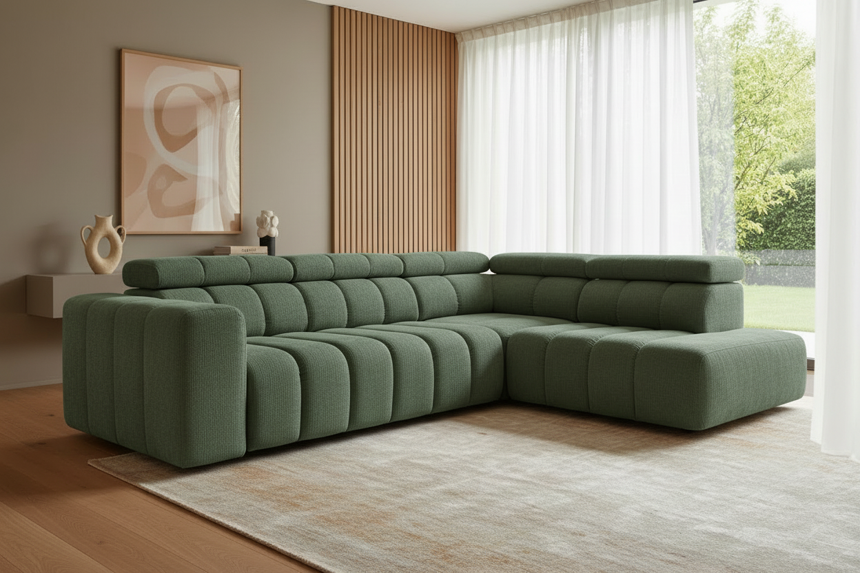 Designer Ecksofa Zürich in Sage Green Chenille - Schrägansicht