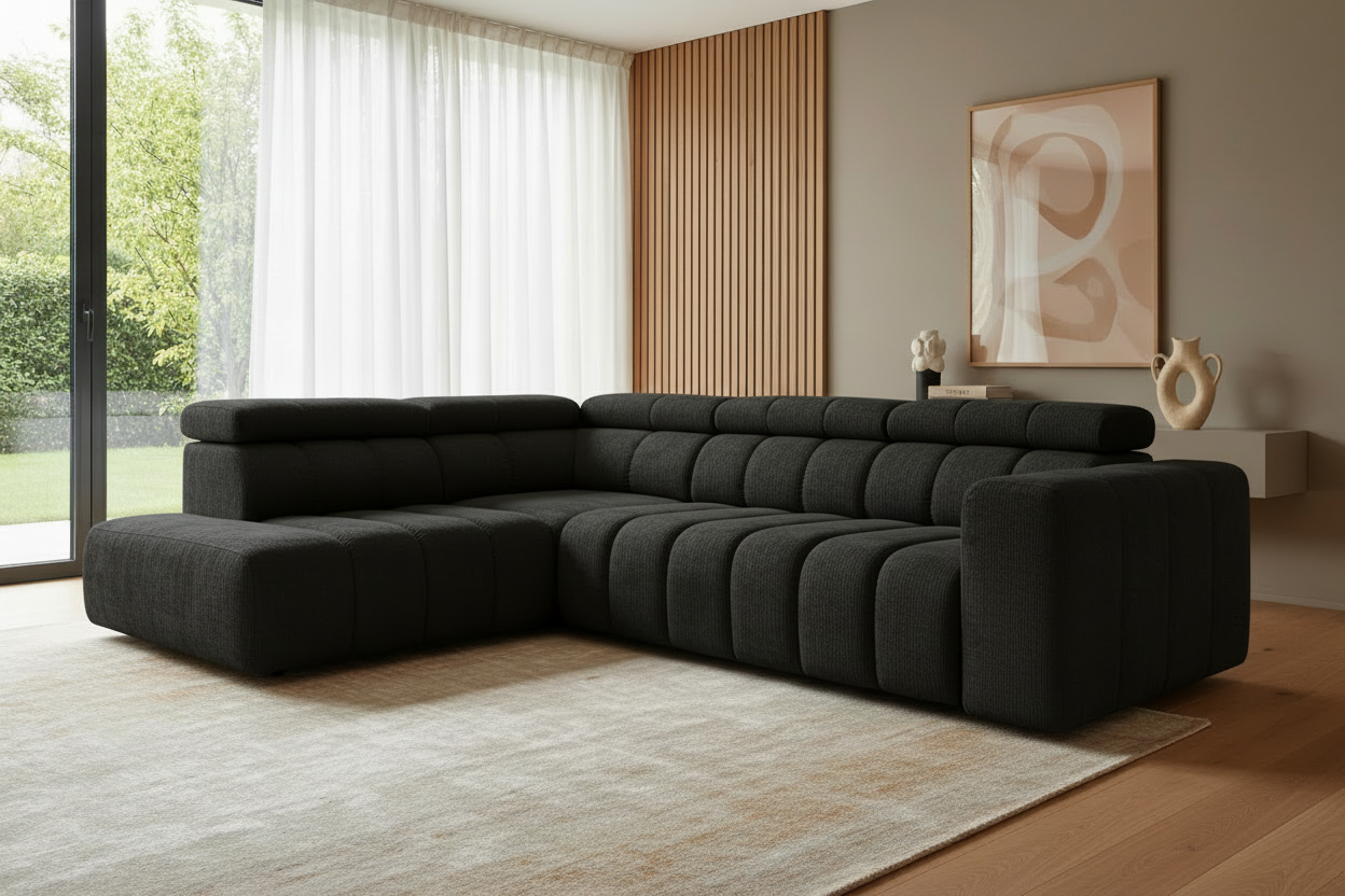 Designer Ecksofa Zürich mit elektrischer Sitzverlängerung in Chenille