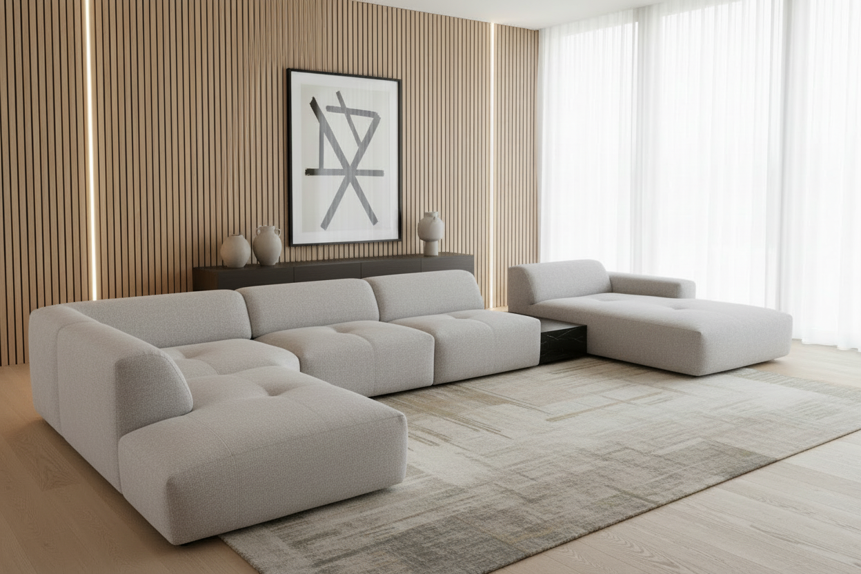 Designer Wohnlandschaft Calm Hellgrau - Schrägansicht