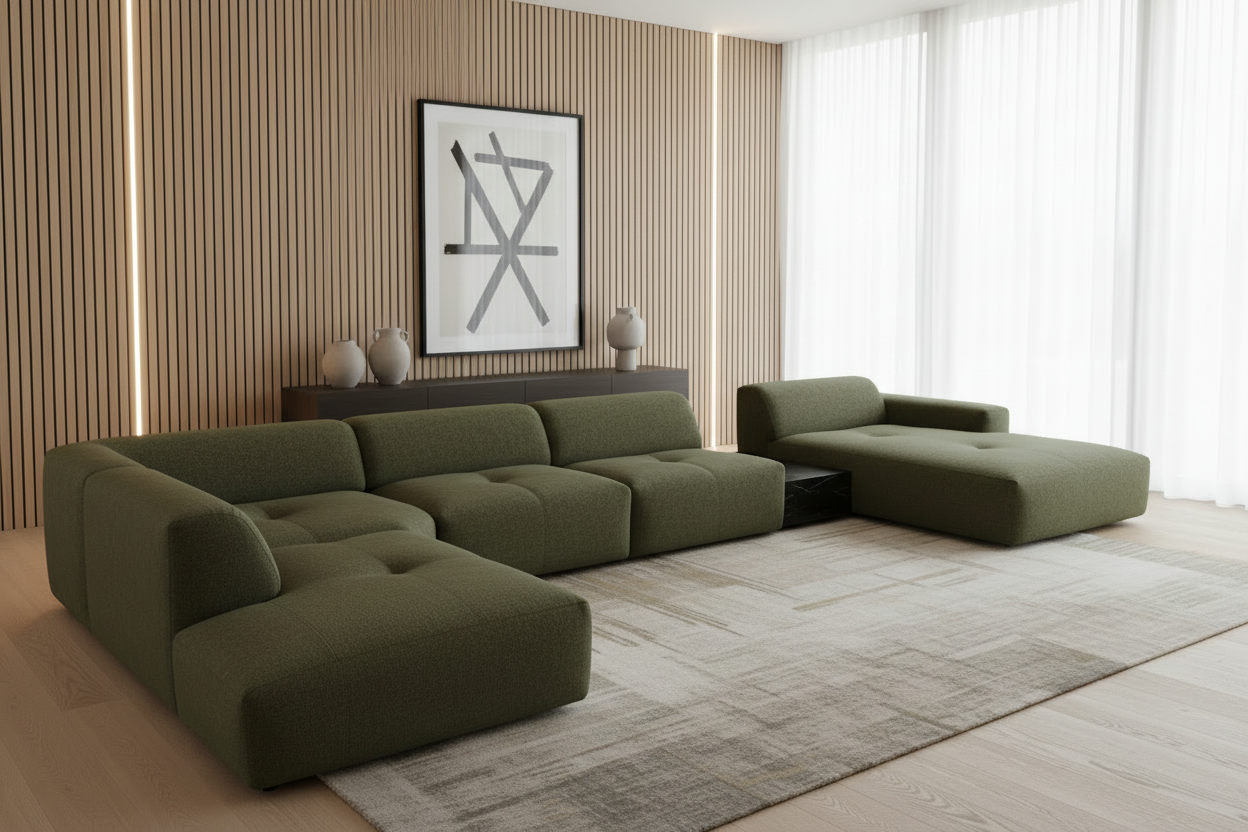 Designer Wohnlandschaft Calm Olivgrün - Schrägansicht