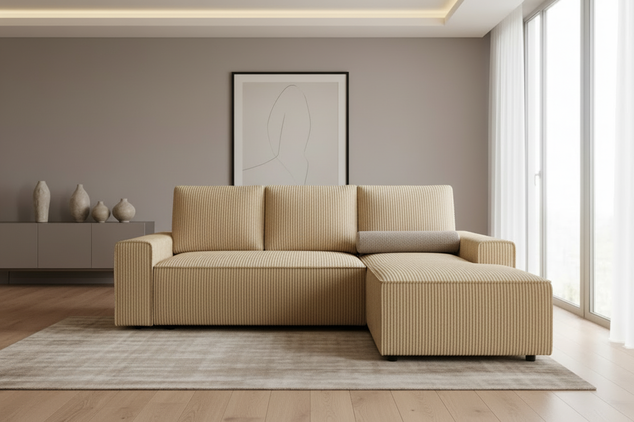 Designer Ecksofa Domo mit Schlaff- & Bettkasten in Cord