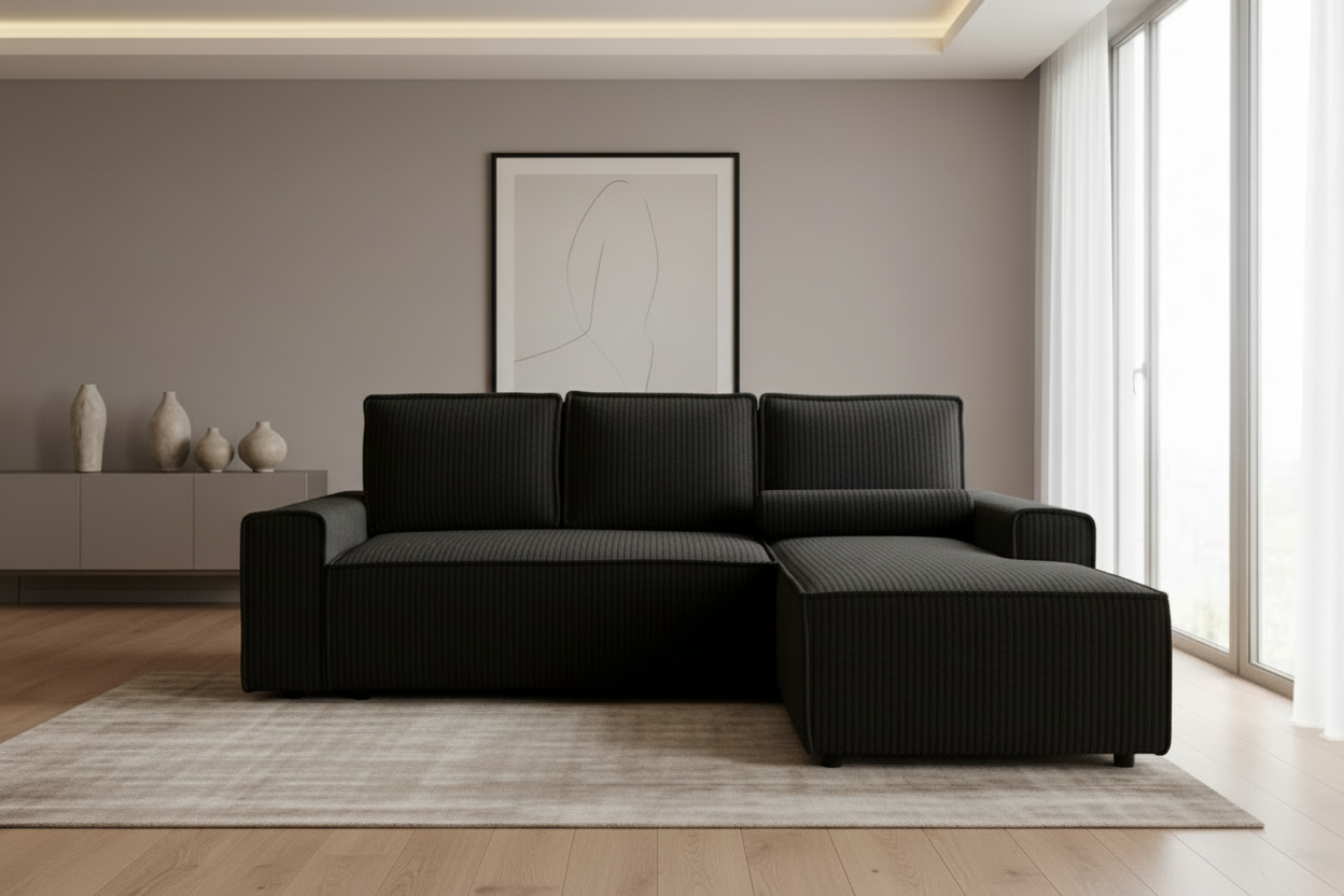 Designer Ecksofa Domo mit Schlaff- & Bettkasten in Cord