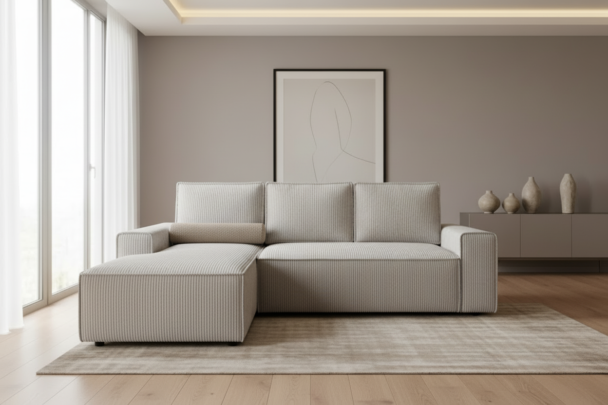 Domo Ecksofa in Light Grey Corduroy