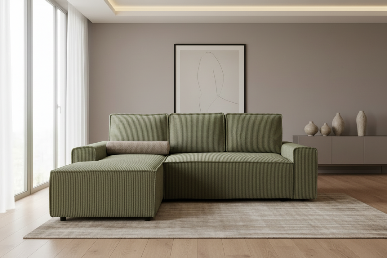 Domo Ecksofa in Olive Green Corduroy