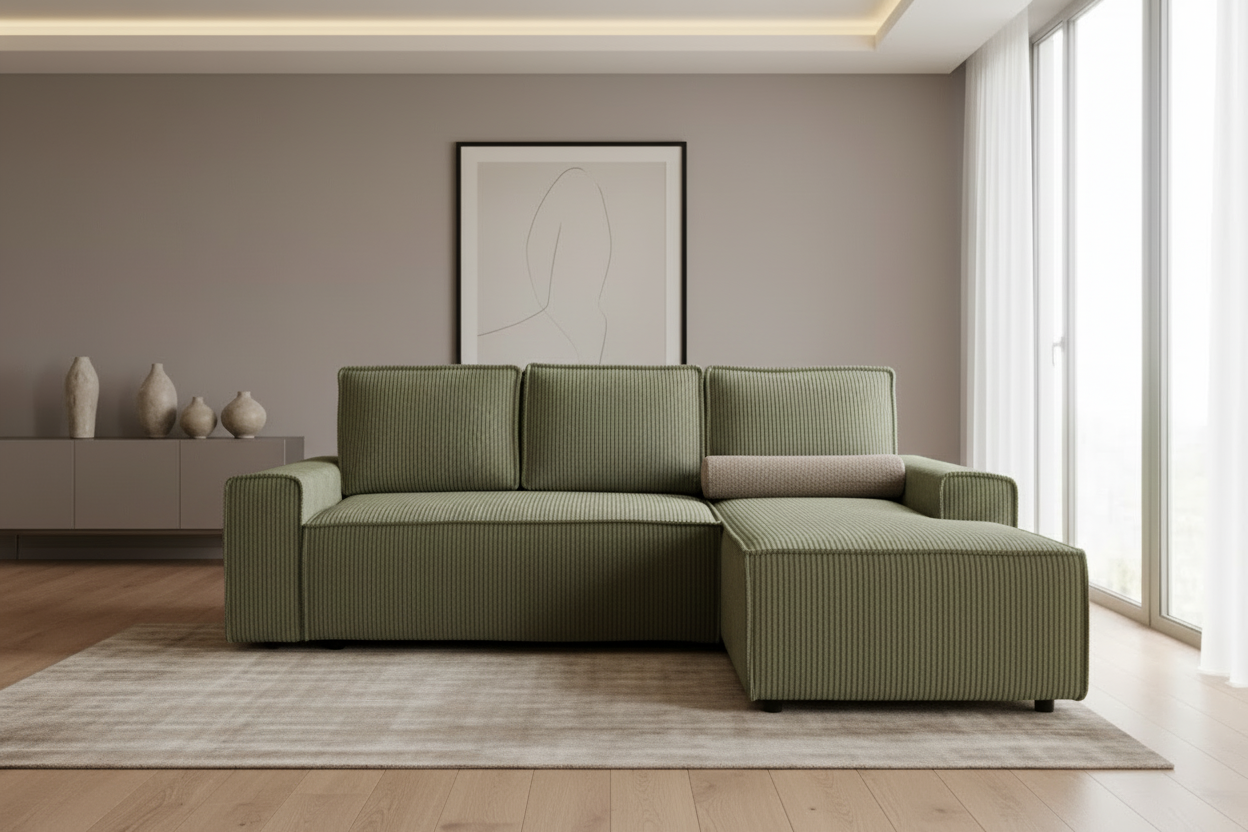 Designer Ecksofa Domo mit Schlaff- & Bettkasten in Cord