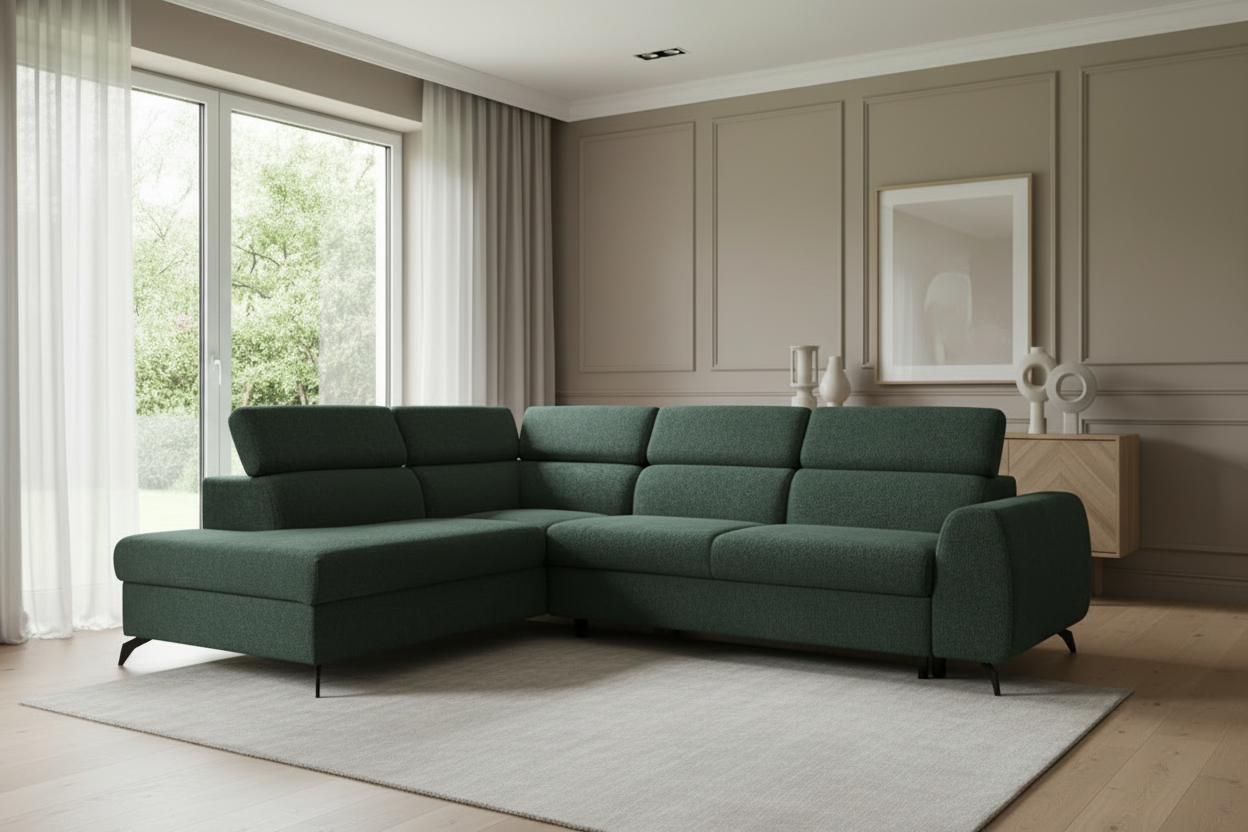 Ecksofa STILLE in Bouclé Abriamo Jadegrün (dunkler)