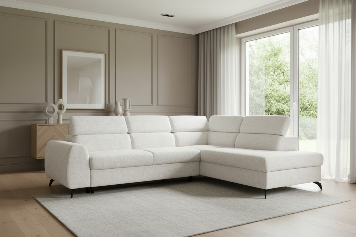 Designer Ecksofa Stille mit Schlaf- und Bettkasten Bouclé