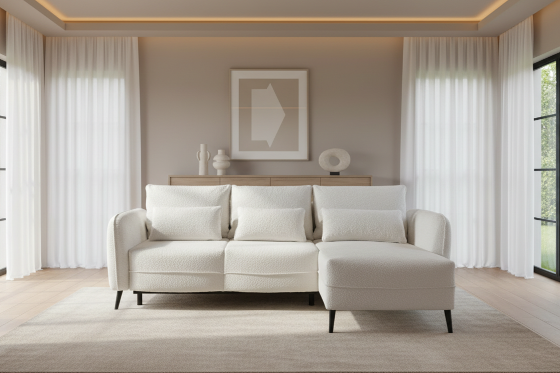 Designer Ecksofa Elegy mit Schlaffunktion & Bettkasten in Bouclé