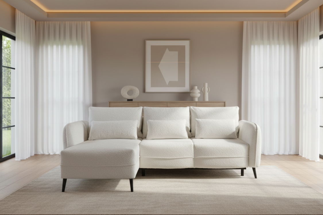 Designer Ecksofa Elegy mit Schlaffunktion & Bettkasten in Bouclé