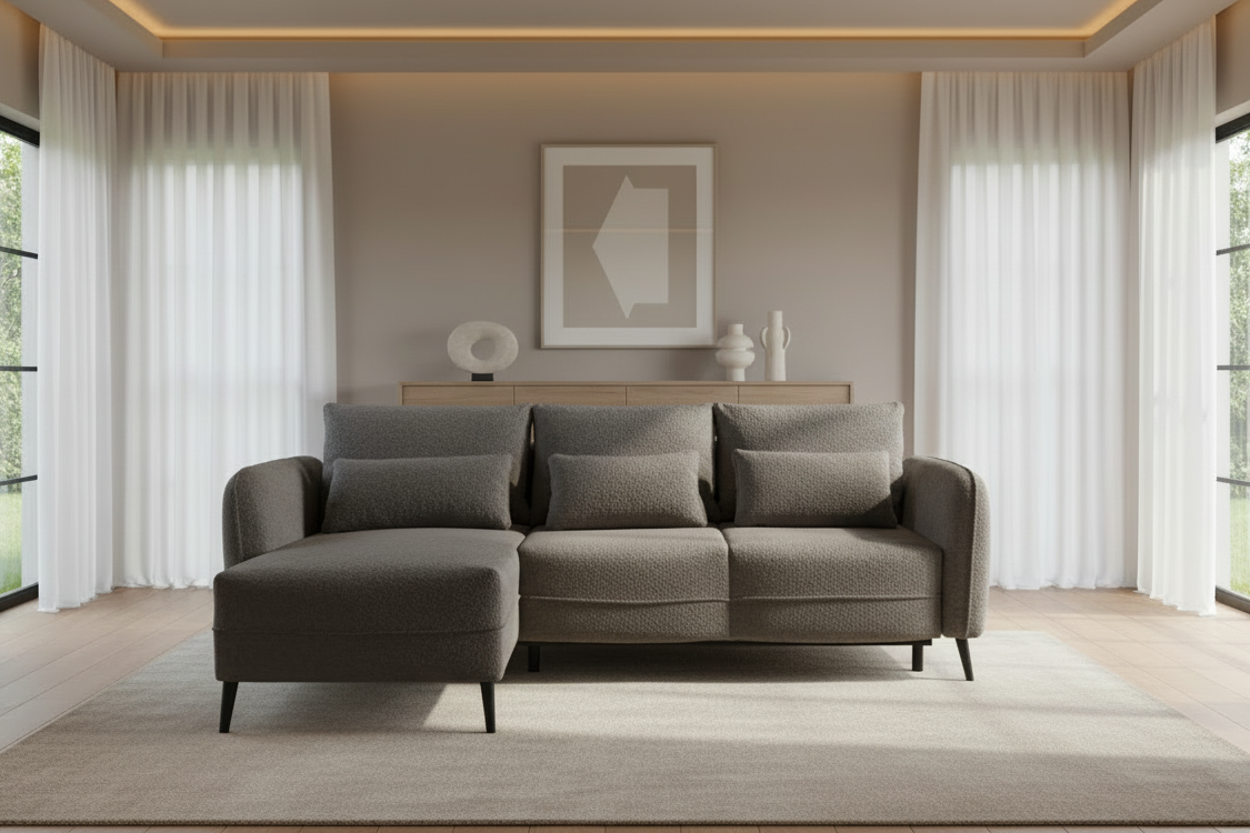 Designer Ecksofa Elegy mit Schlaffunktion & Bettkasten in Bouclé