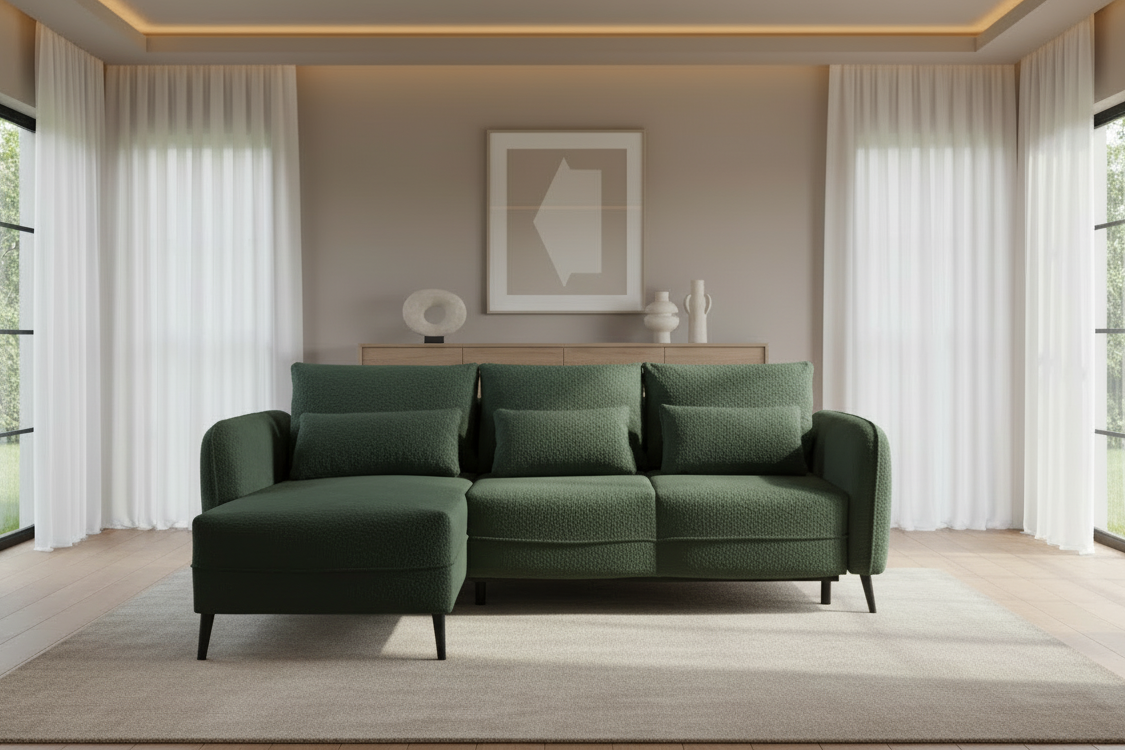 Designer Ecksofa Elegy mit Schlaffunktion & Bettkasten in Bouclé