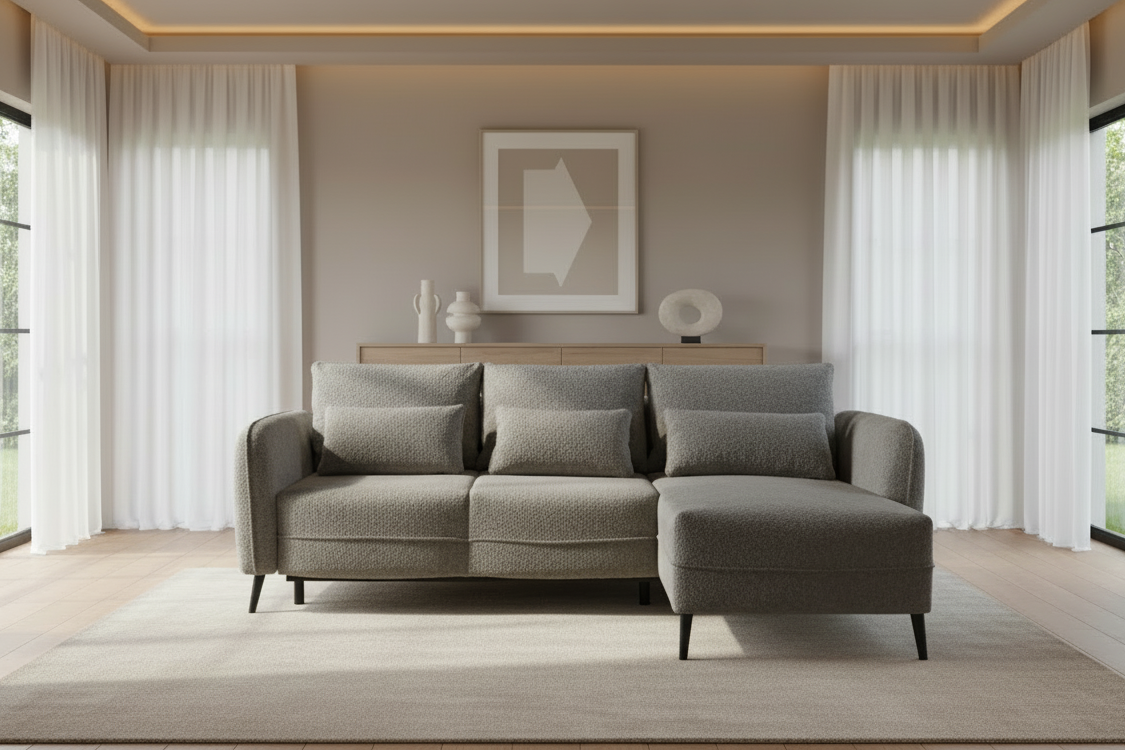 Designer Ecksofa Elegy mit Schlaffunktion & Bettkasten in Bouclé