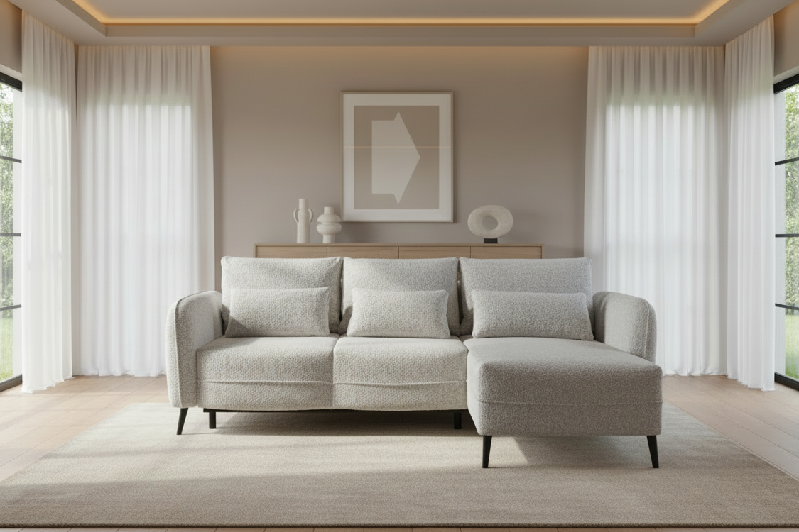 Designer Ecksofa Elegy mit Schlaffunktion & Bettkasten in Bouclé