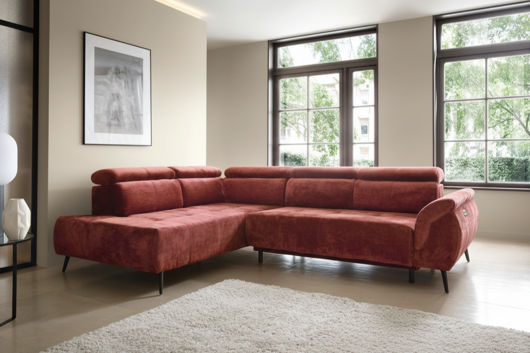 Designer Ecksofa Genova II mit elektrischer Sitzverlängerung in Chenille