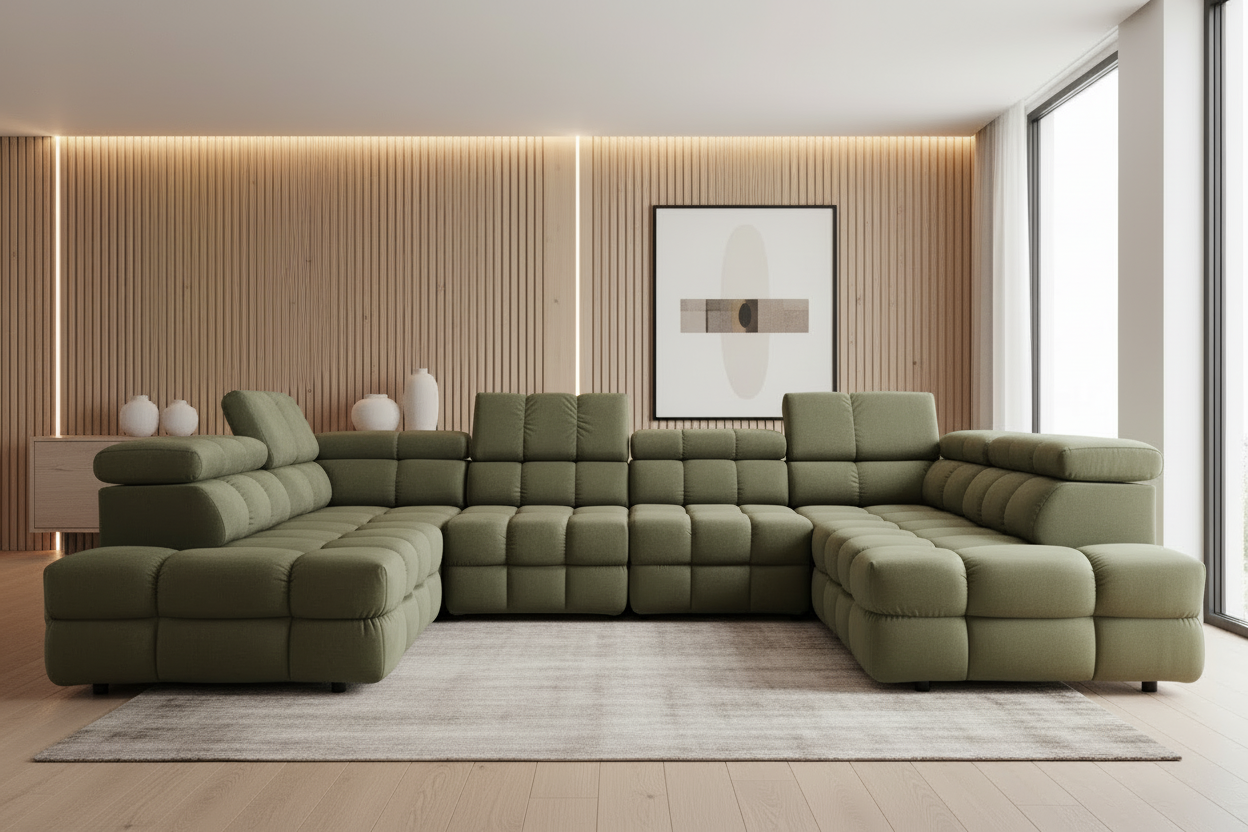 Designer Wohnlandschaft Buffalo mit Schlaffunktion & Stauraum in Samt