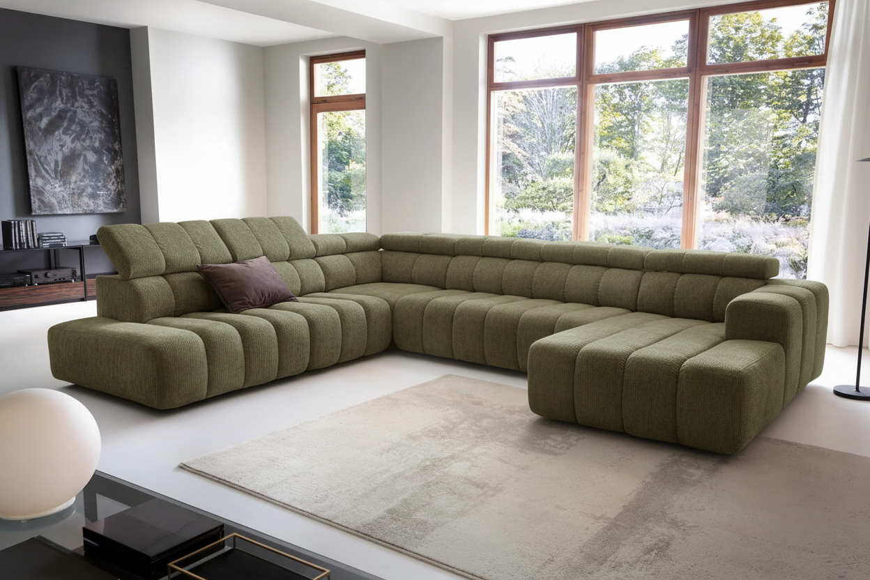 Designer Wohnlandschaft Zürich mit elektrischer Sitzverlängerung in Chenille