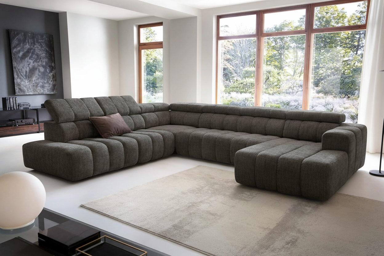 Designer Wohnlandschaft Zürich mit elektrischer Sitzverlängerung in Chenille