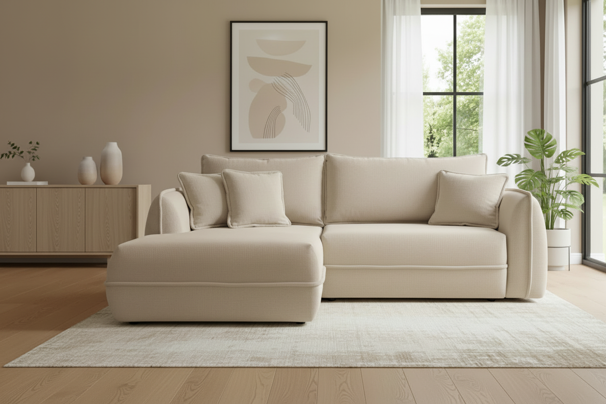 Designer Ecksofa Moho mit Schlaf- und Klappfunktion in Stoff