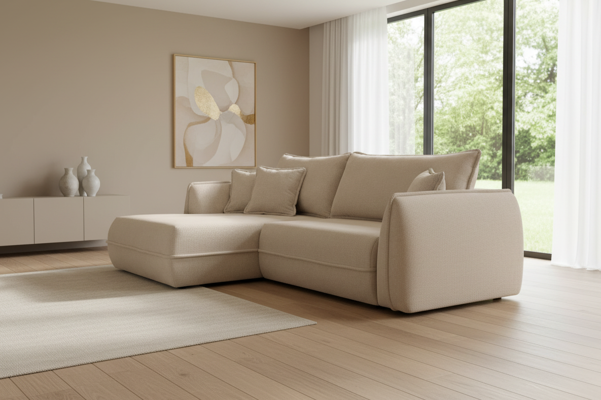 Designer Ecksofa Moho mit Schlaf- und Klappfunktion in Stoff